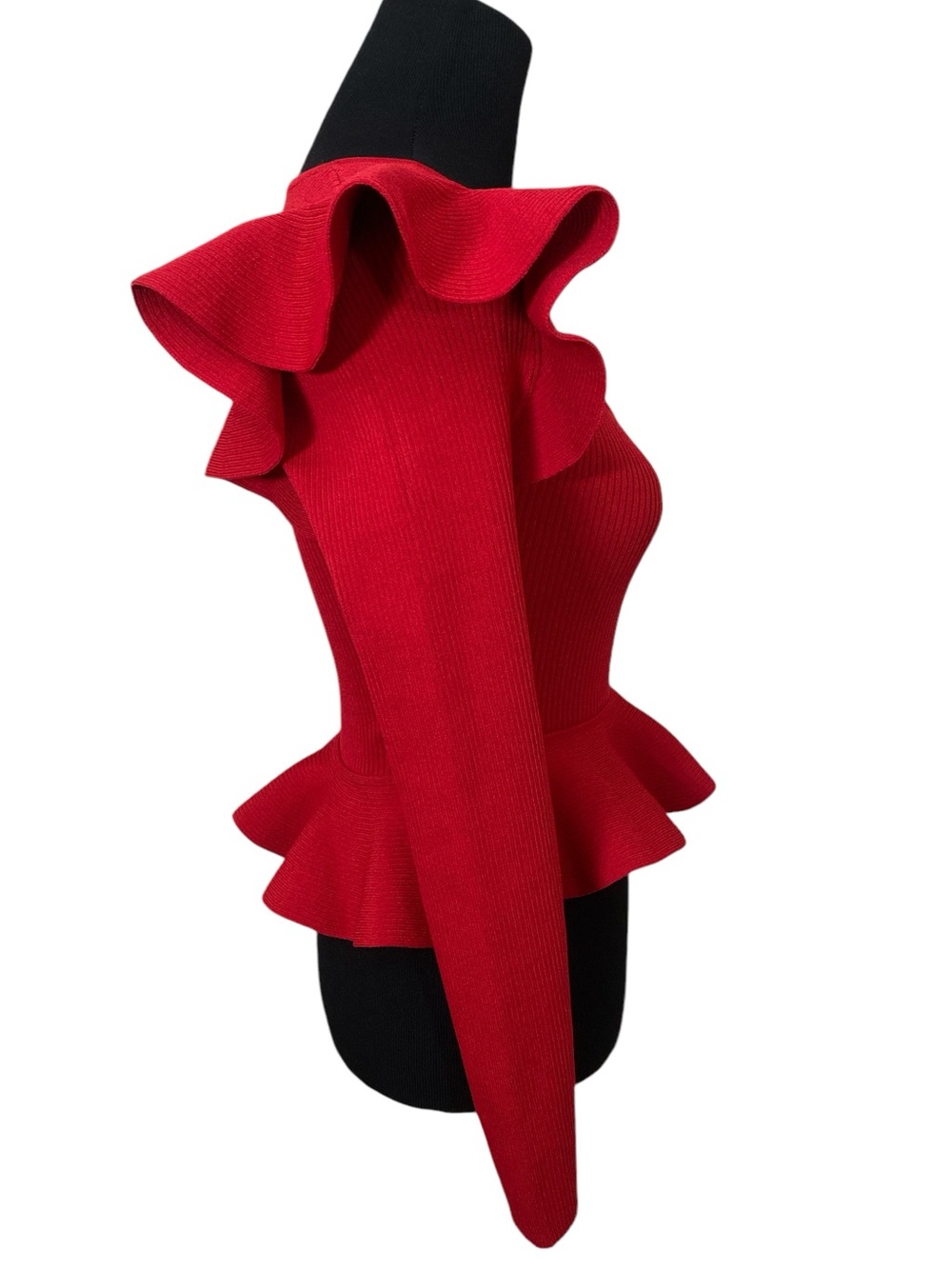 Express Red Ribbed Knit Statement Ruffle Peplum Long-Sleeve Sweater - Picture 4 of 8